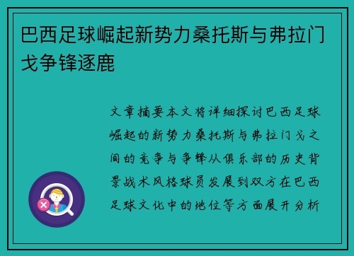 巴西足球崛起新势力桑托斯与弗拉门戈争锋逐鹿